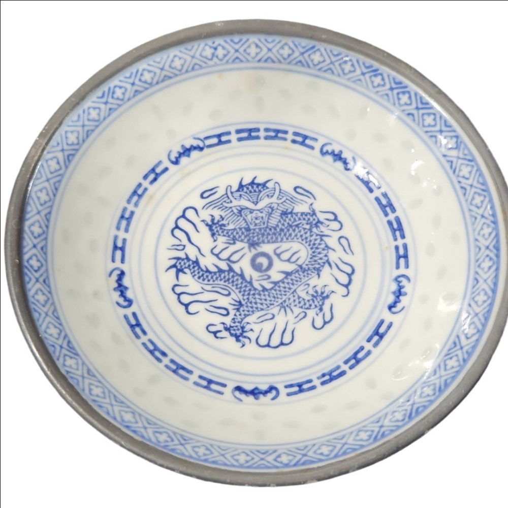 Vintage Chinese Dragon Plate Blue and White Porcelain, Pewter